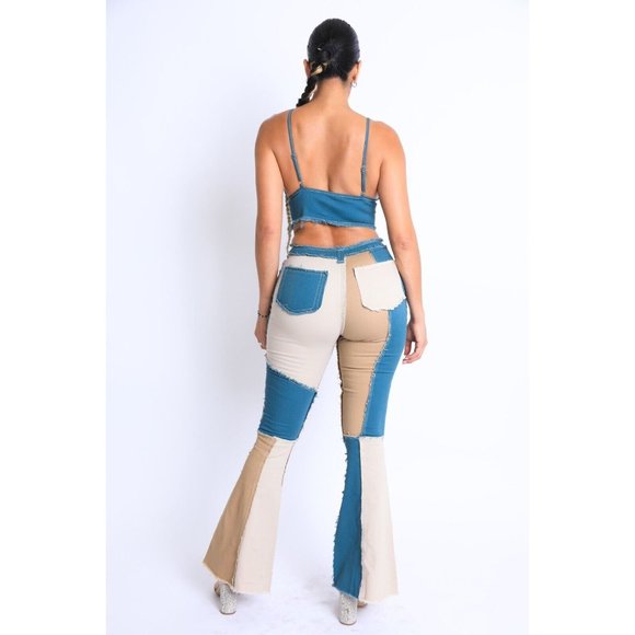 Women's Colorblock Patchwork Cop Top And Matching Pants 2 Piece Set Club Party - Picture 3 of 11